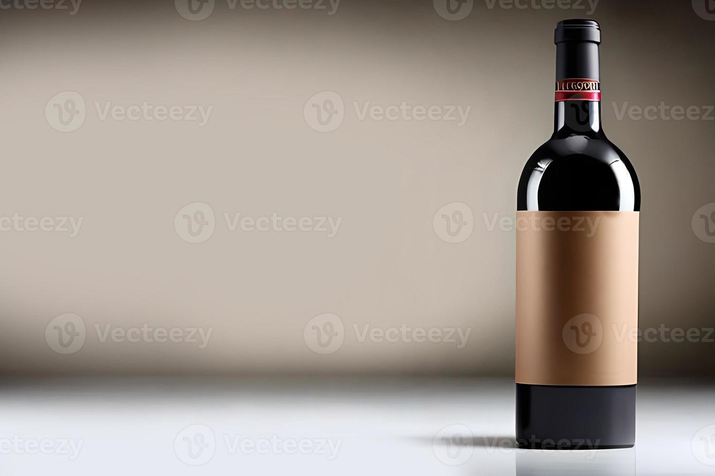 nero bicchiere vino bottiglia modello, studio sparare, bene illuminazione, oro etichetta etichetta nero foca coperchio, marketing e Prodotto presentazione. foto