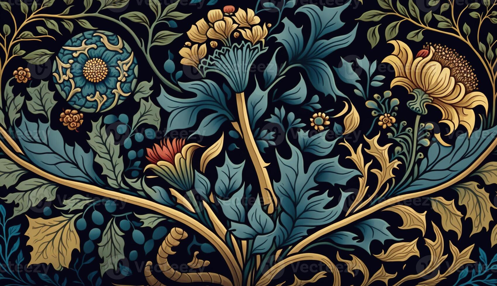 generativo ai, floreale colorato modello. William morris ispirato naturale impianti e fiori sfondo, Vintage ▾ illustrazione. popolare stile foto