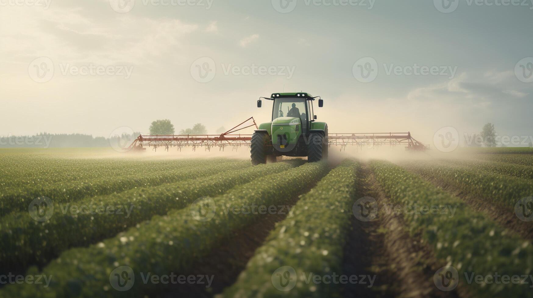 generativo ai, trattore spruzzatura un' campo, azienda agricola paesaggio, agricolo bellissimo campagna, nazione strada. natura illustrazione, fotorealistico superiore Visualizza orizzontale striscione. foto