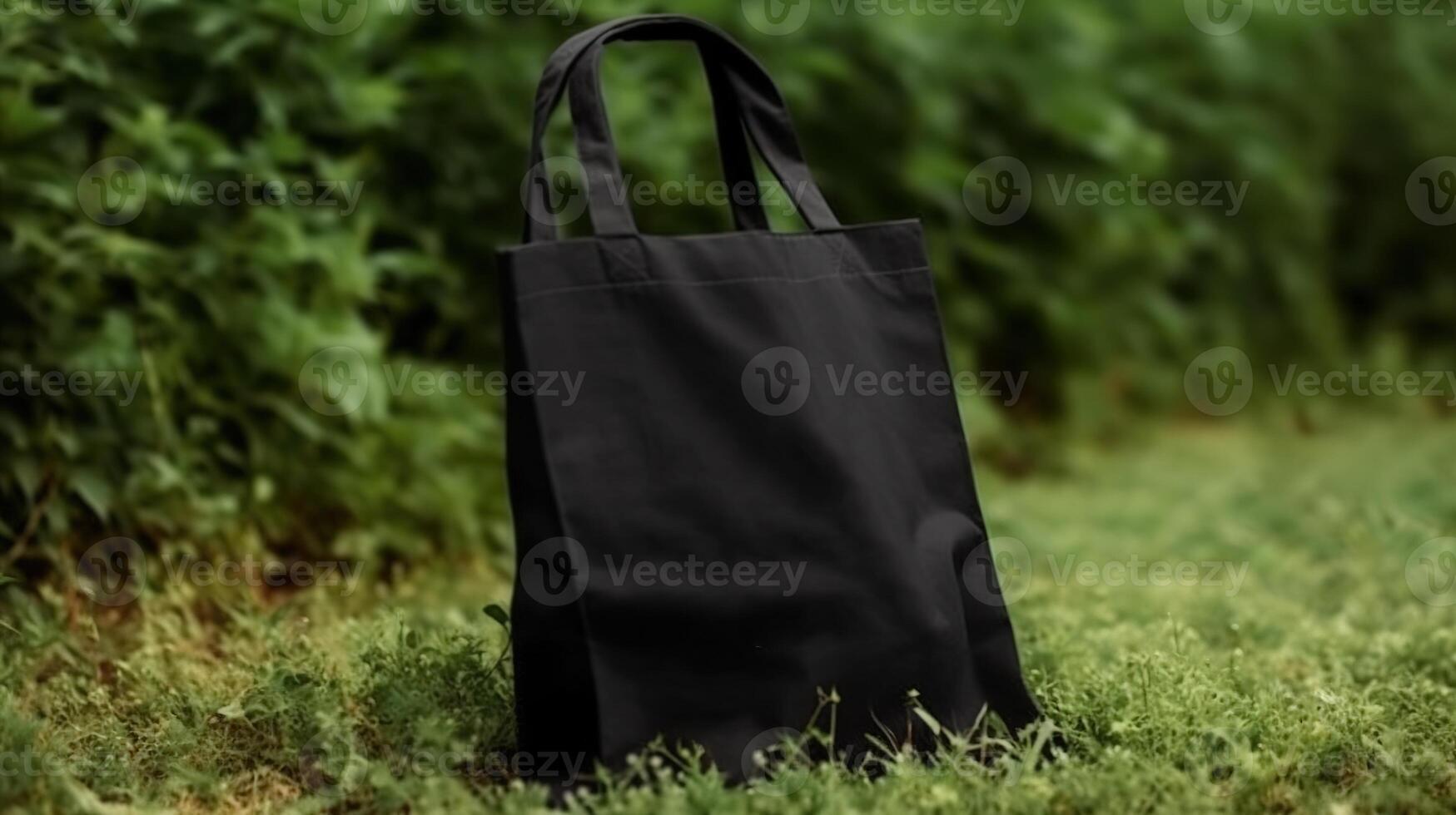 generativo ai, realistico nero totalizzatore tela tessuto Borsa impostare su il verde erba, acquirente finto su vuoto. foto