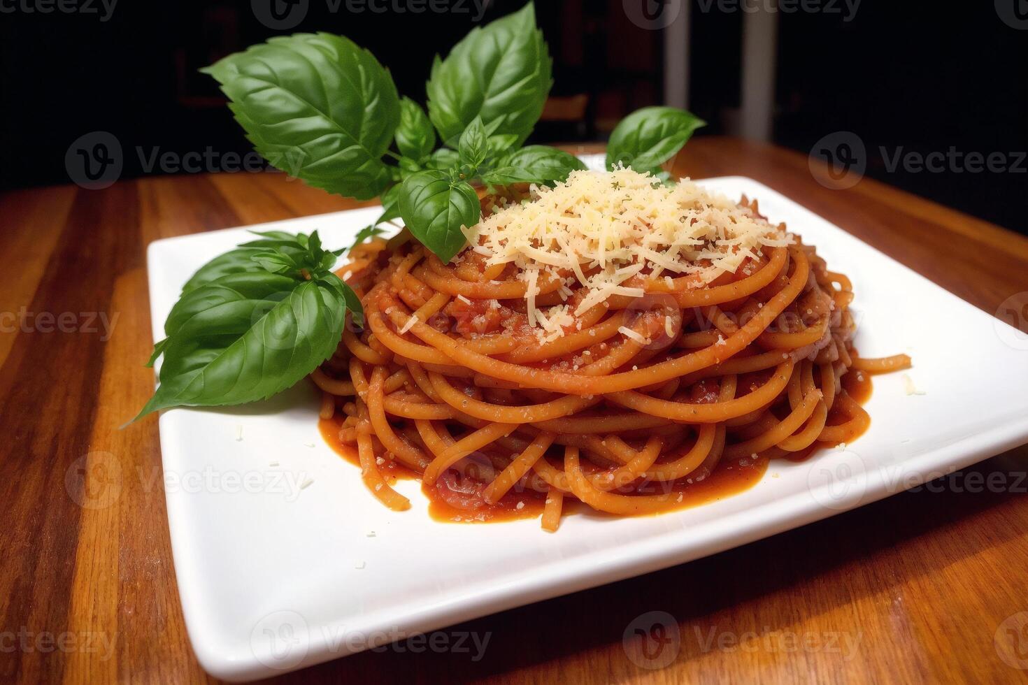 spaghetti pasta con parmigiano formaggio e prezzemolo su un' piatto. generativo ai foto