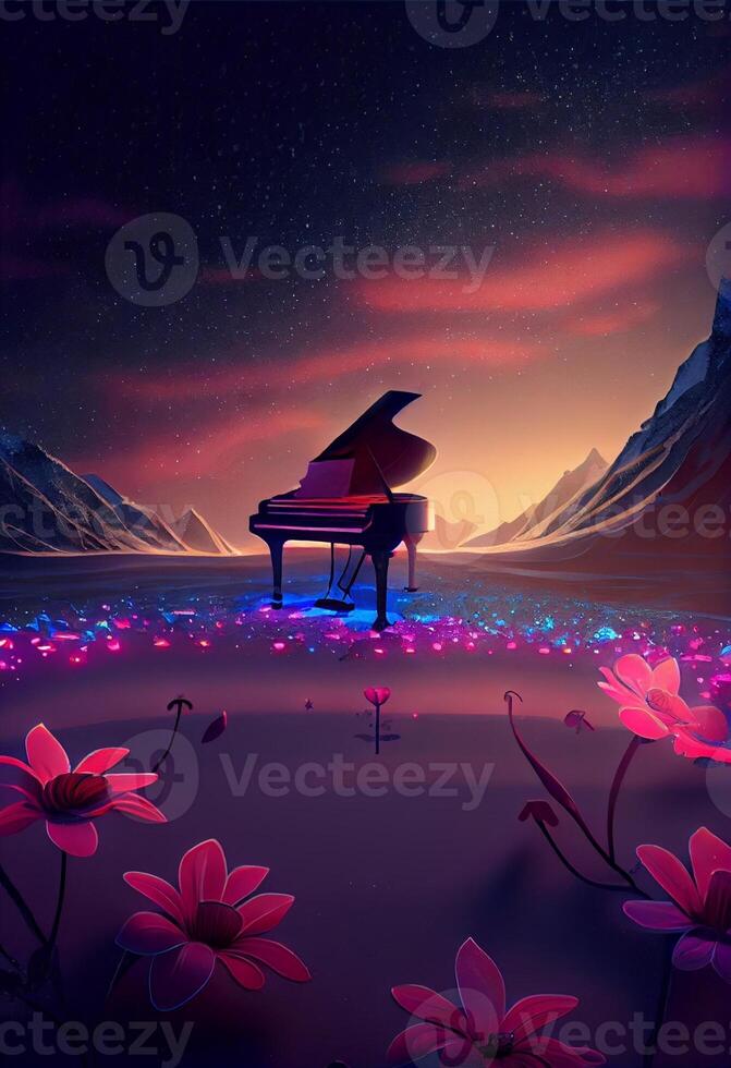 pianoforte seduta su superiore di un' campo di fiori. generativo ai. foto