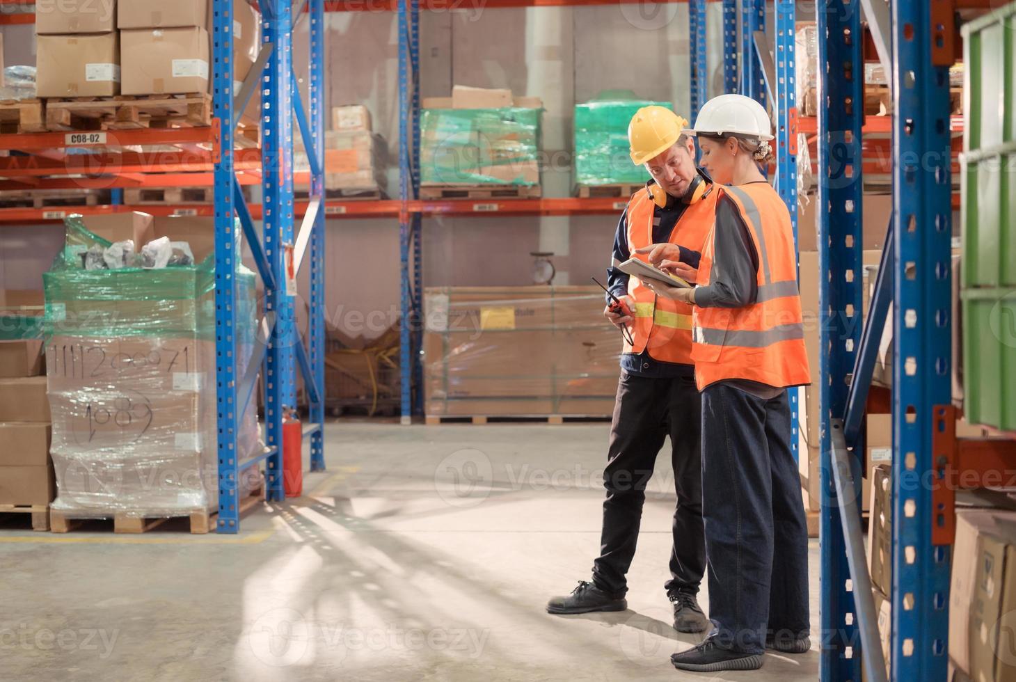 il manager consegna il rapporto per il caposquadra e congiuntamente ispeziona il merce quello bisogno per essere portato in il centrale magazzino. prima invio per ogni regionale distribuzione centro. foto