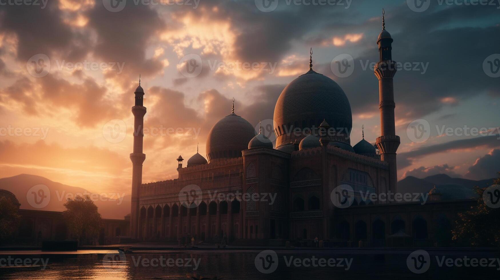 ai generativo moschee cupola silhouette su buio oro crepuscolo cielo nel notte con mezzaluna Luna su tramonto. arabo, eid al-adha, mubarak musulmano concetto foto