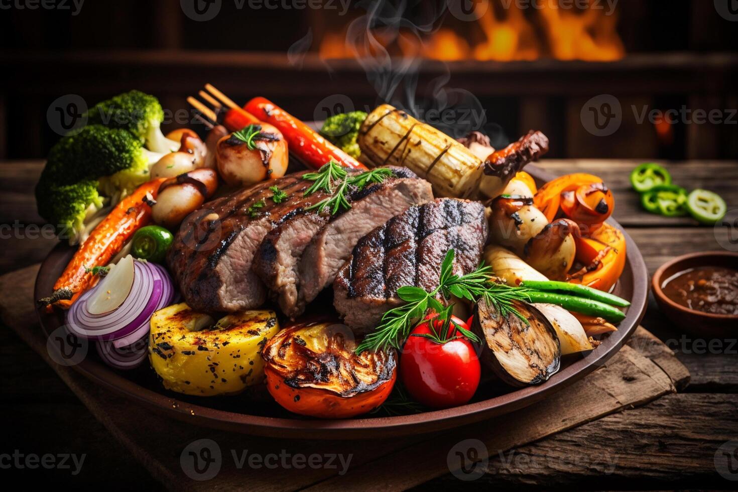 grigliato carne e bratwurst con verdure al di sopra di il carboni su un' barbecue su rustico di legno sfondo ai generato foto