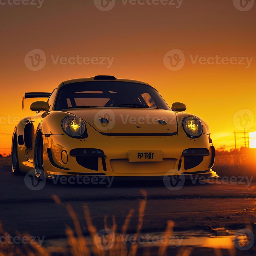 un' gli sport auto con un' sbalorditivo tramonto sfondo, generativo ai foto