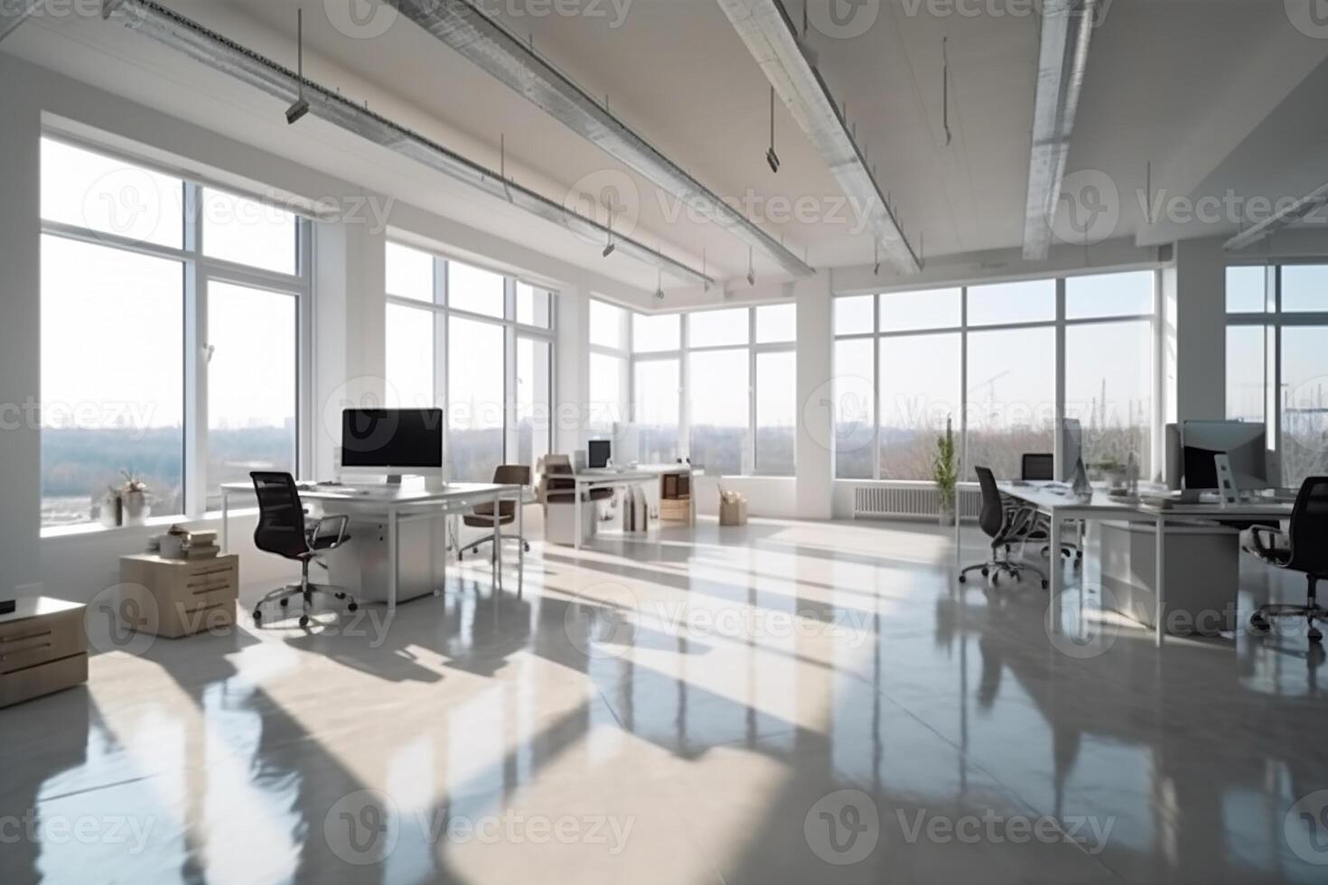 grande ufficio con grande finestre con naturale leggero nel bianca colori. attività commerciale interno. generativo ai foto