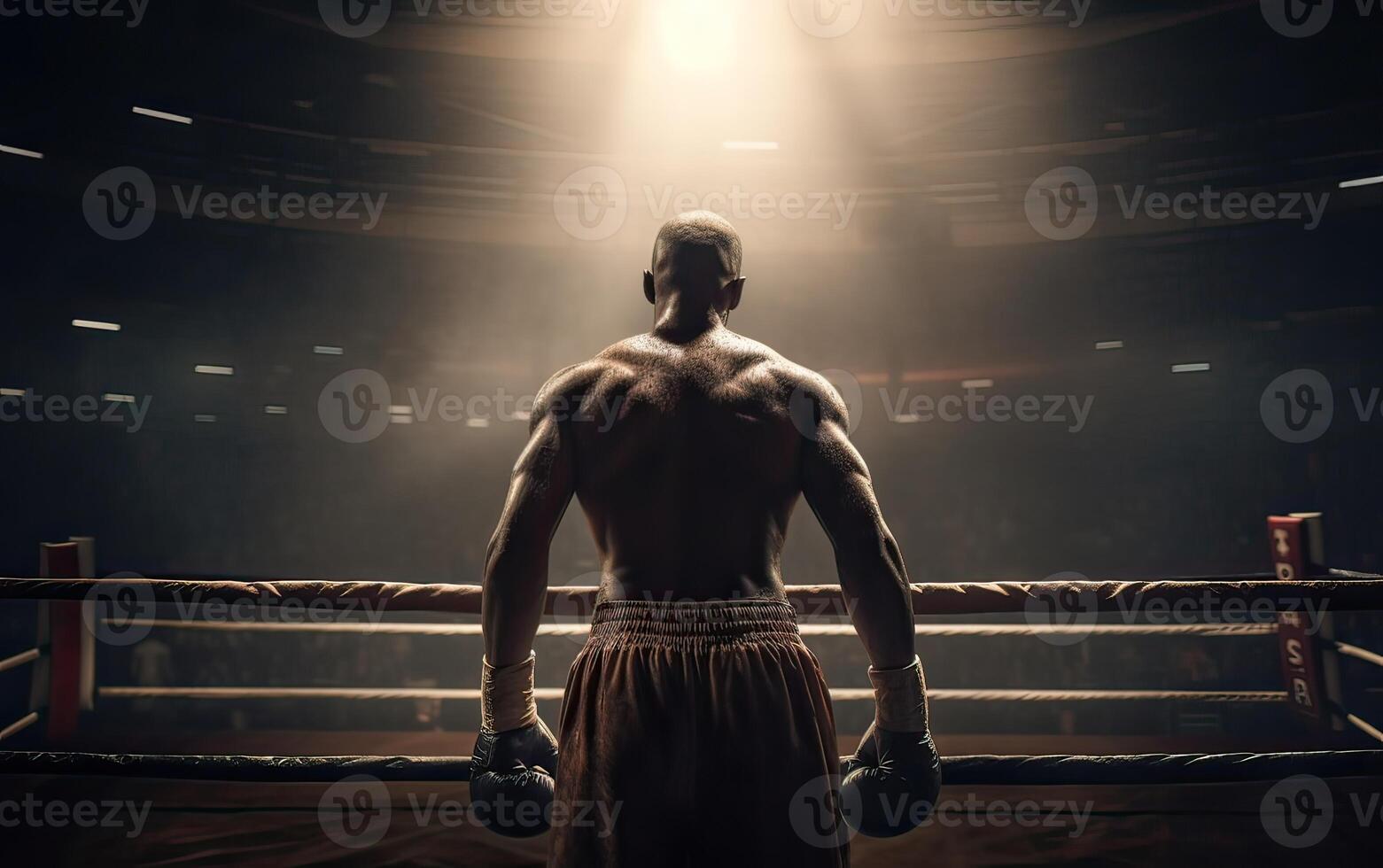 boxe campione in piedi su arena. posteriore Visualizza di A petto nudo uomo nel boxe guanti. muscolare costruire concetto. generativo ai. foto