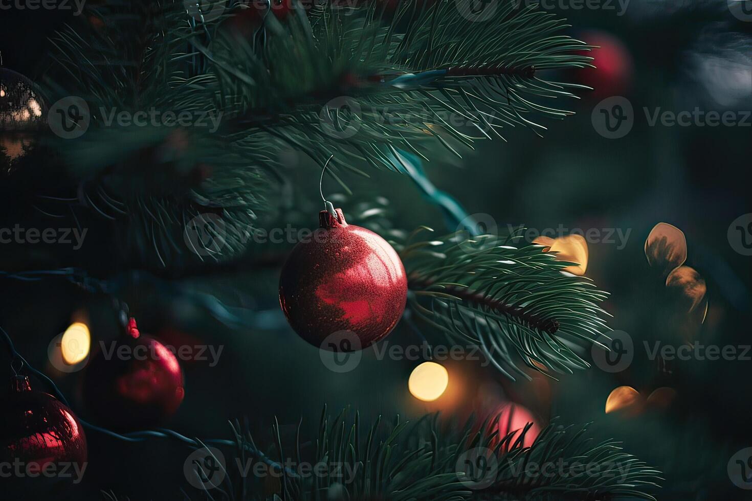 vicino su Visualizza di bellissimo abete rami con brillante colorato fronzolo o sfera, natale ornamenti e luci, Natale vacanze sfondo. generativo ai. foto