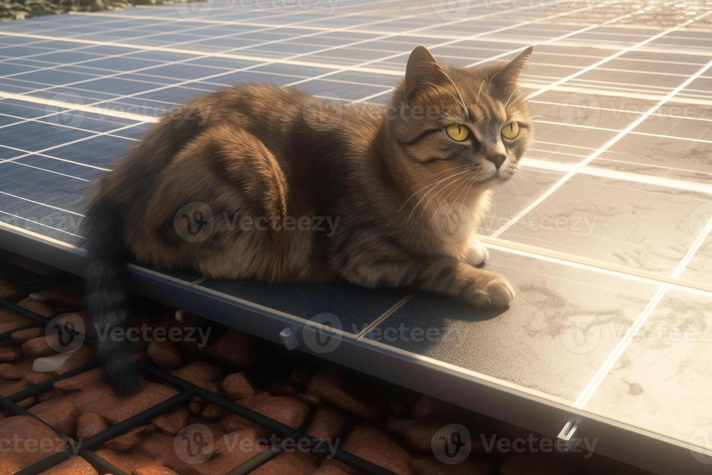 gatto bugie su solare pannello, un alternativa fonte. pulito tecnologie di futuro. ai generato. foto