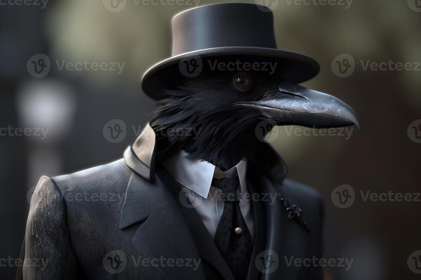 signore, capo nero corvo nel un' cappello, completo da uomo e legare. bandiera intestazione. ai generato. foto