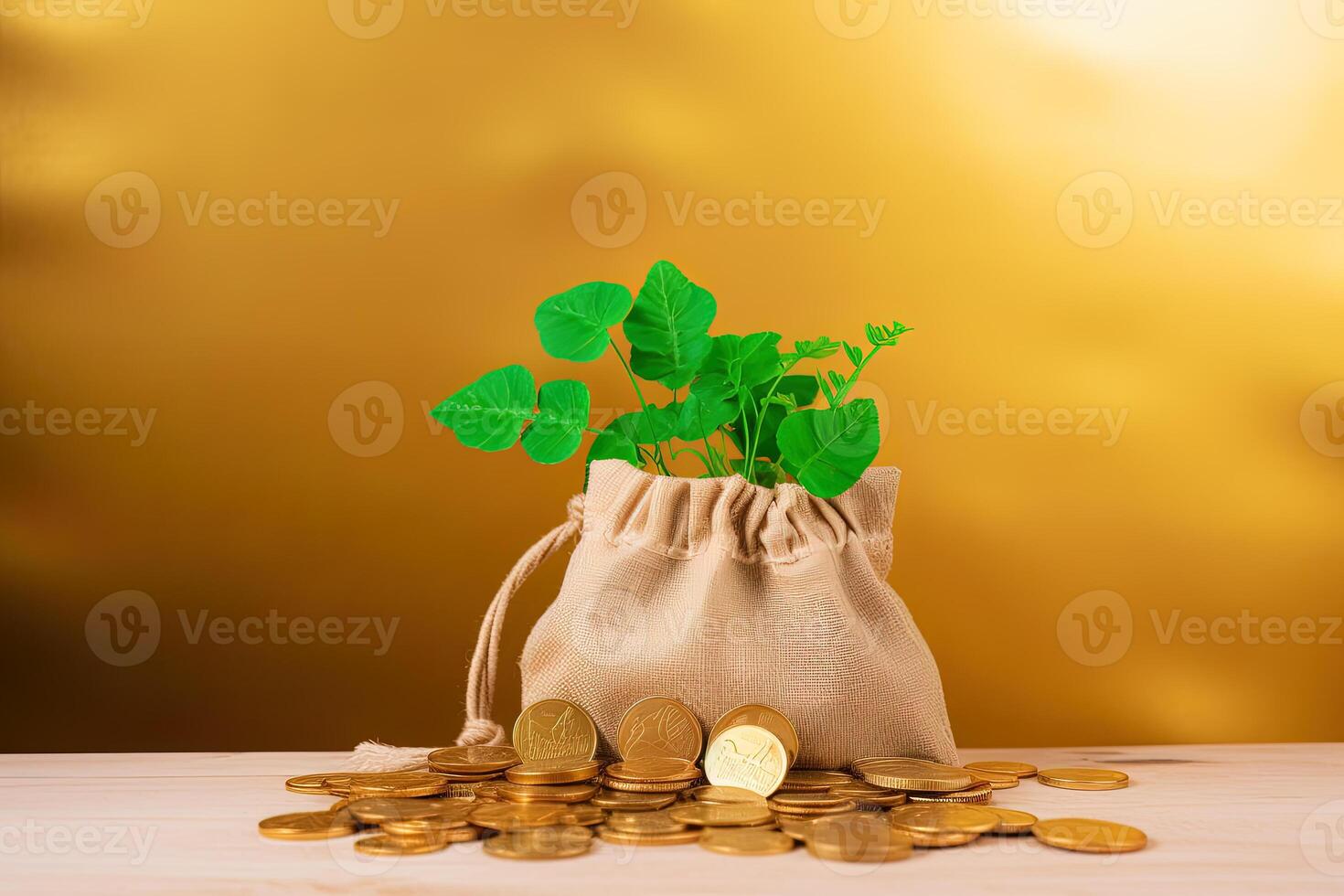 un' Borsa di oro monete con un' pianta in crescita su di esso. ai generato foto