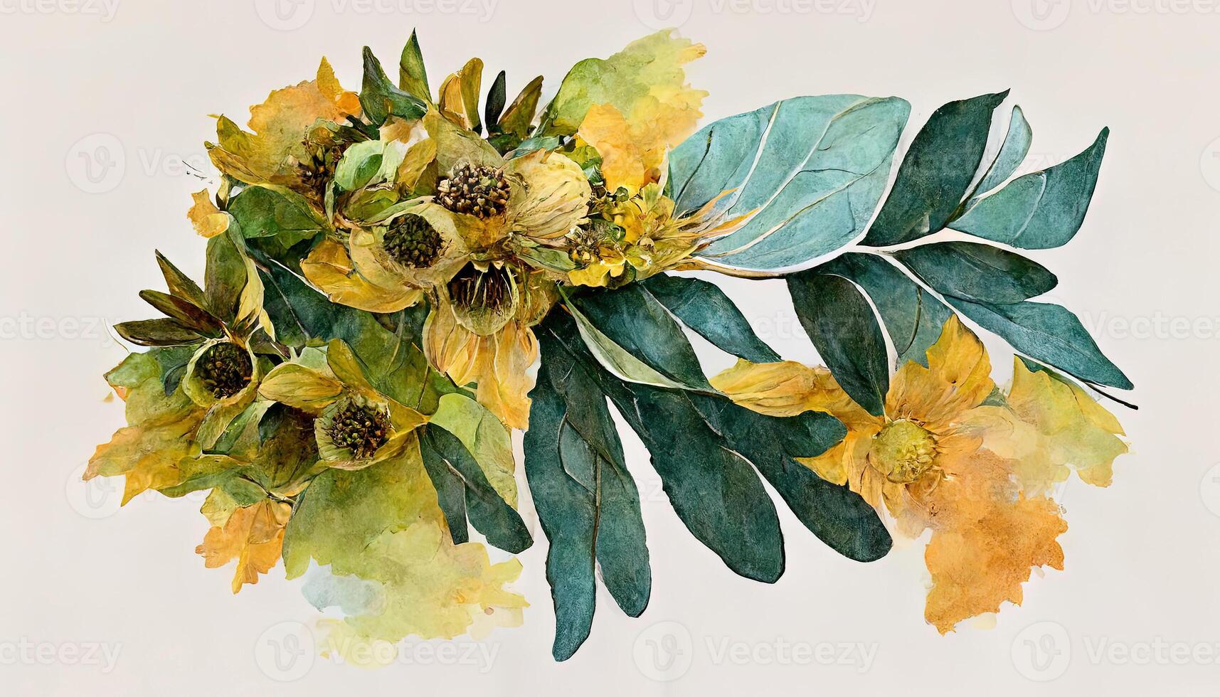 girasole e eucalipto le foglie mazzo. acquerello floreale clipart, giallo fiori. generativo ai foto