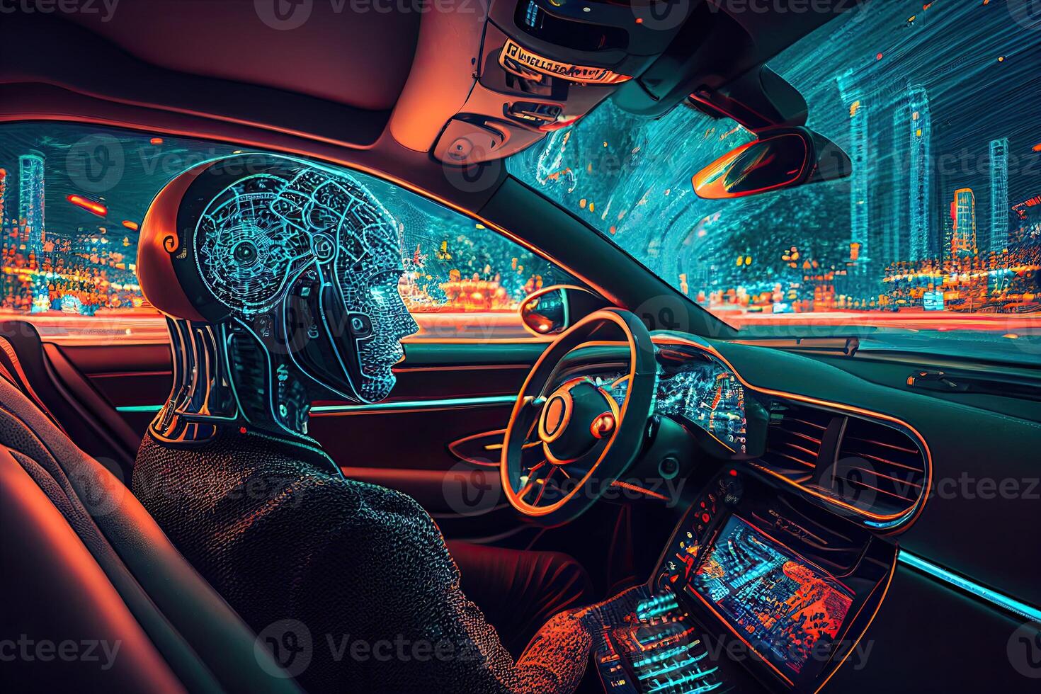 artificiale intelligenza gestisce trasporto. tecnologico auto senza un' autista. ai e automobile futuro informatica generativo ai illustrazione foto