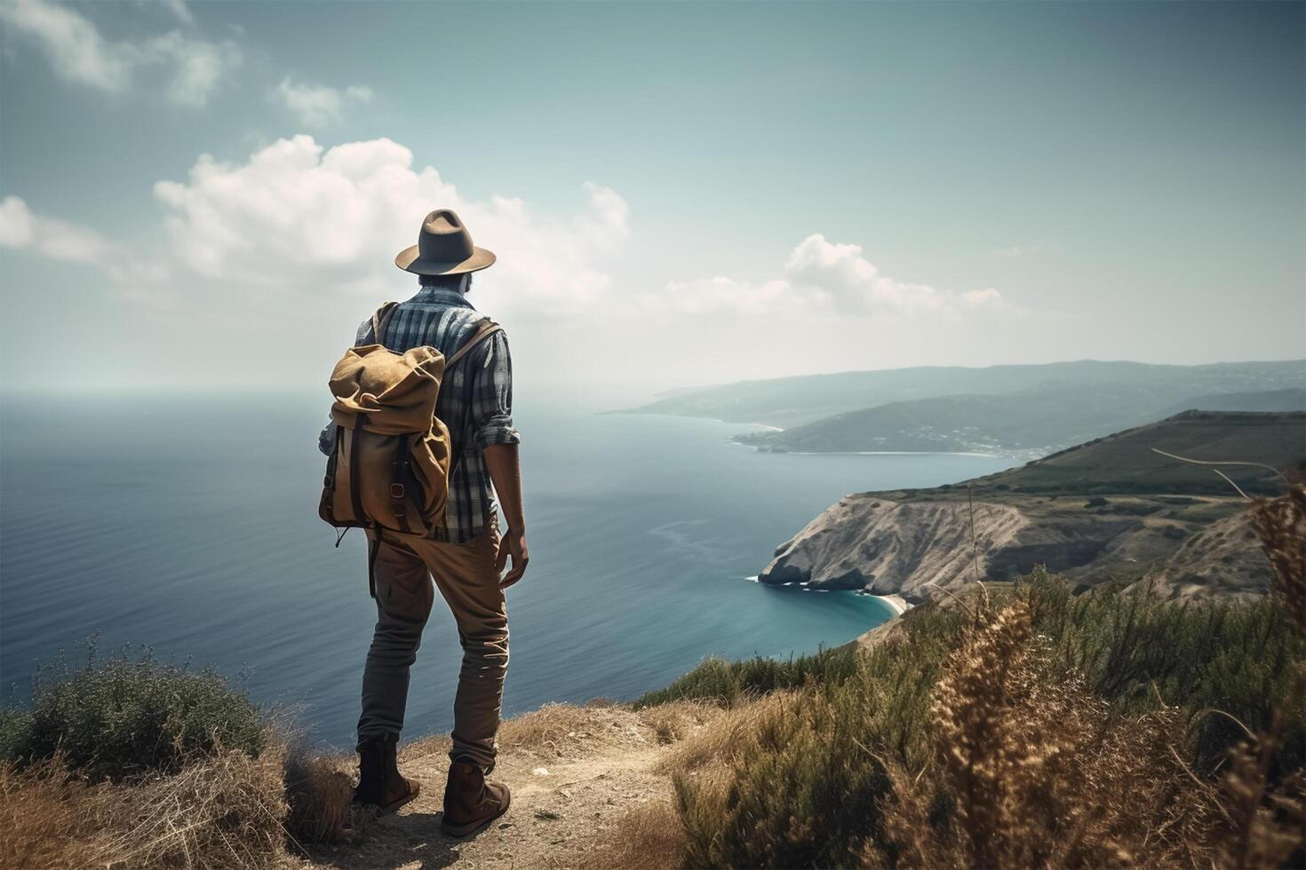 un' uomo sembra su al di sopra di un' montagna e il oceano. avventura viaggio, estate vacanza. generativo ai foto