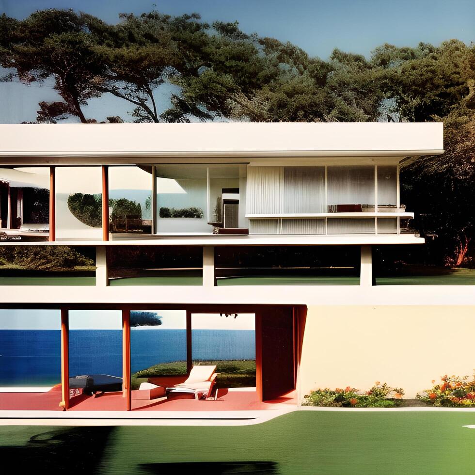 medio secolo moderno stile Casa prospiciente il oceano generato ai foto