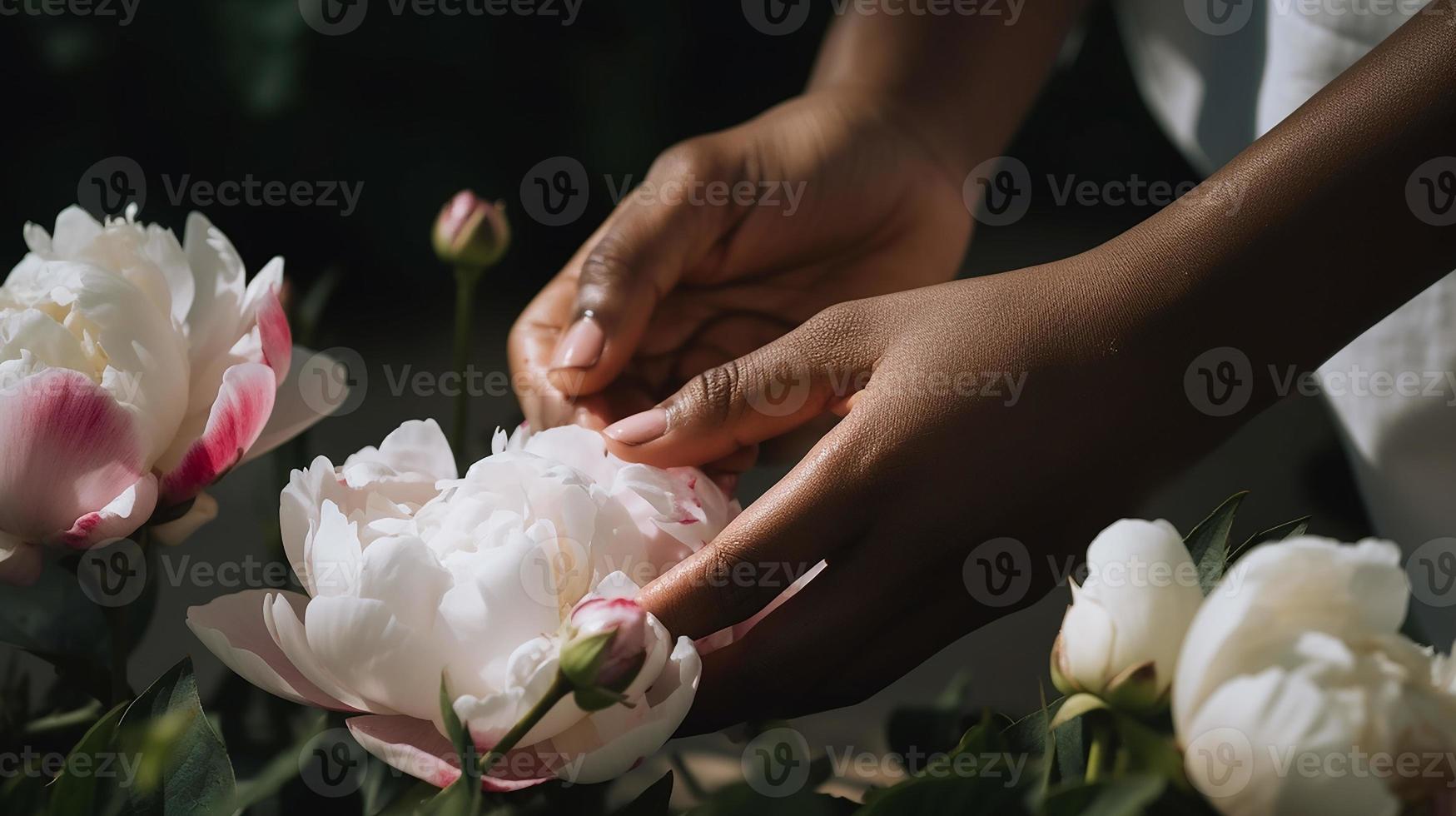 africano americano donna organizzazione bianca peonie foto