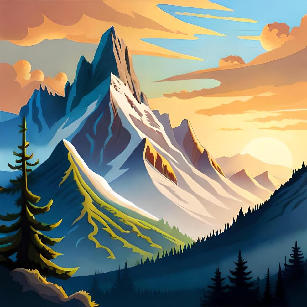 ai generato Immagine, montagna Visualizza con verde erba e luce del sole foto