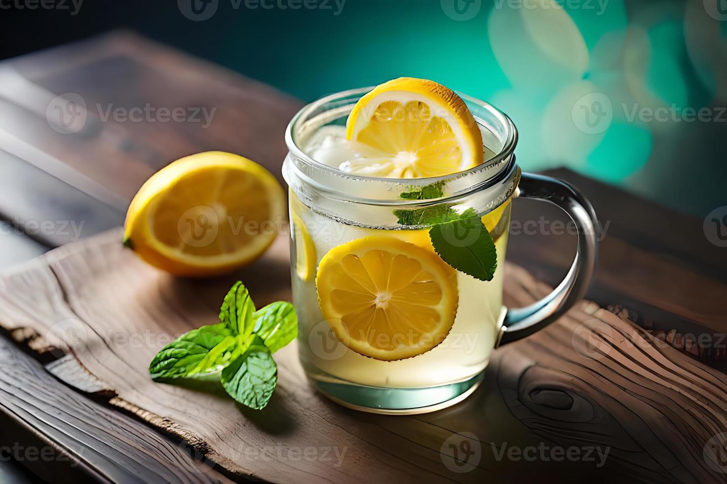 rinfrescante fruttato estate bevanda su tavolo con Limone e menta foto