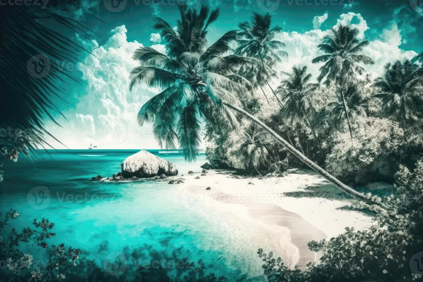 ai generato idilliaco isola Paradiso con palma alberi ondeggiante nel il brezza, bianca sabbia spiagge e un' turchese oceano allungamento su come lontano come il occhio può vedere. foto