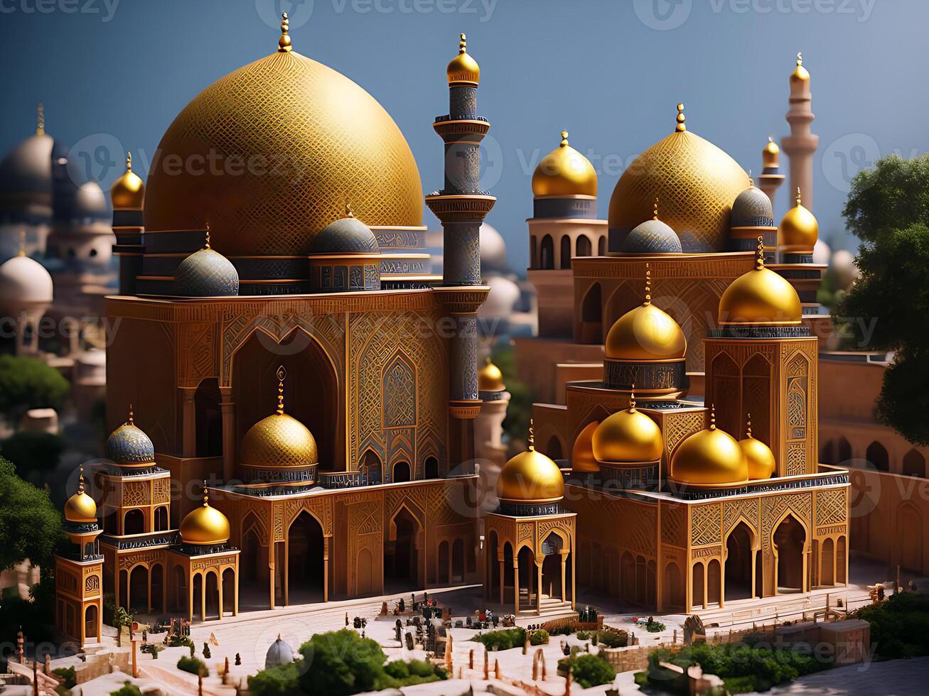 sorprendente musulmano moschea con oro cupola e islamico ornamento sera atmosfera. generativo ai foto