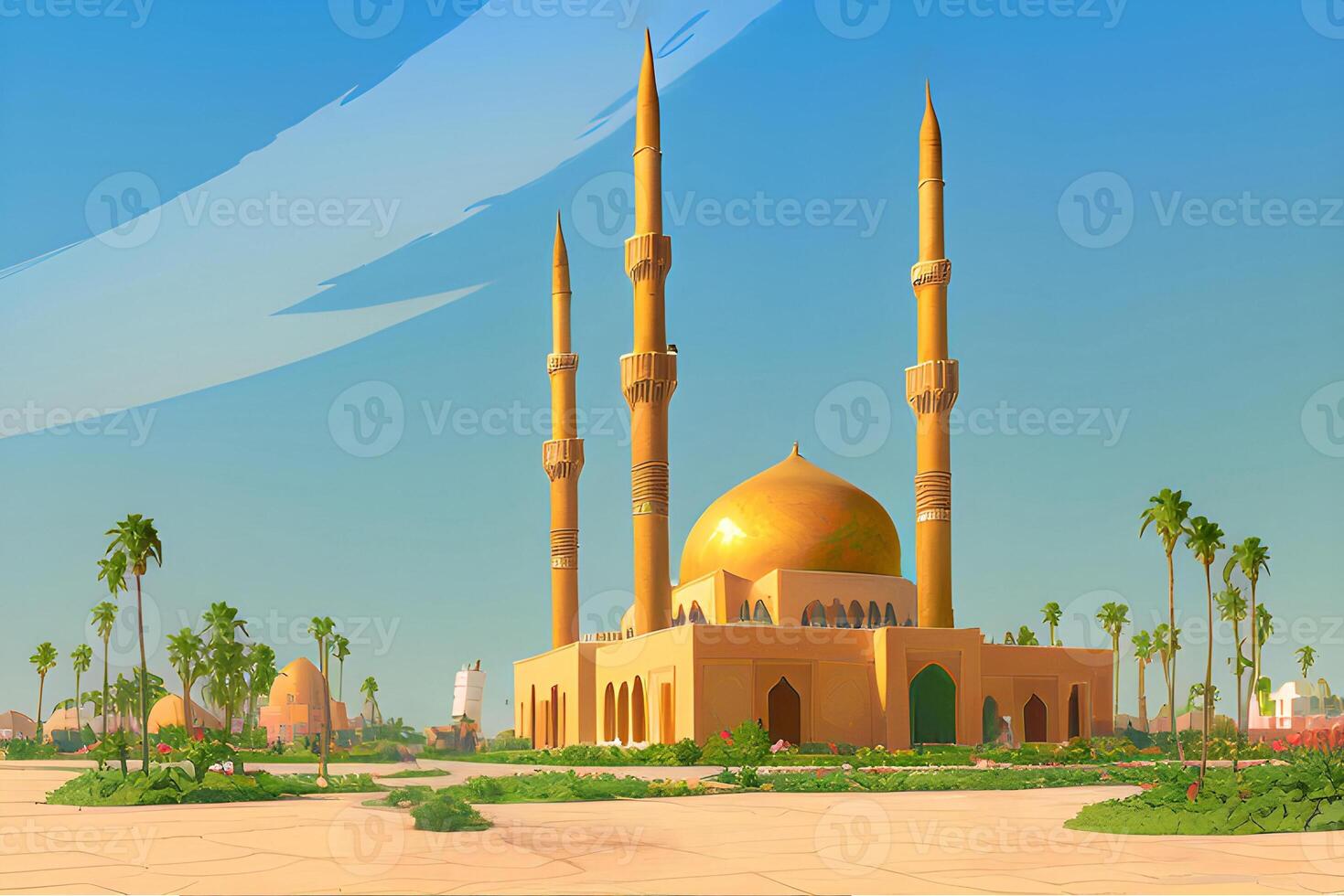 accogliente musulmano moschea pittura con oro cupola situato su mezzo orientale atmosfera, circondato di Data palme. generativo ai foto