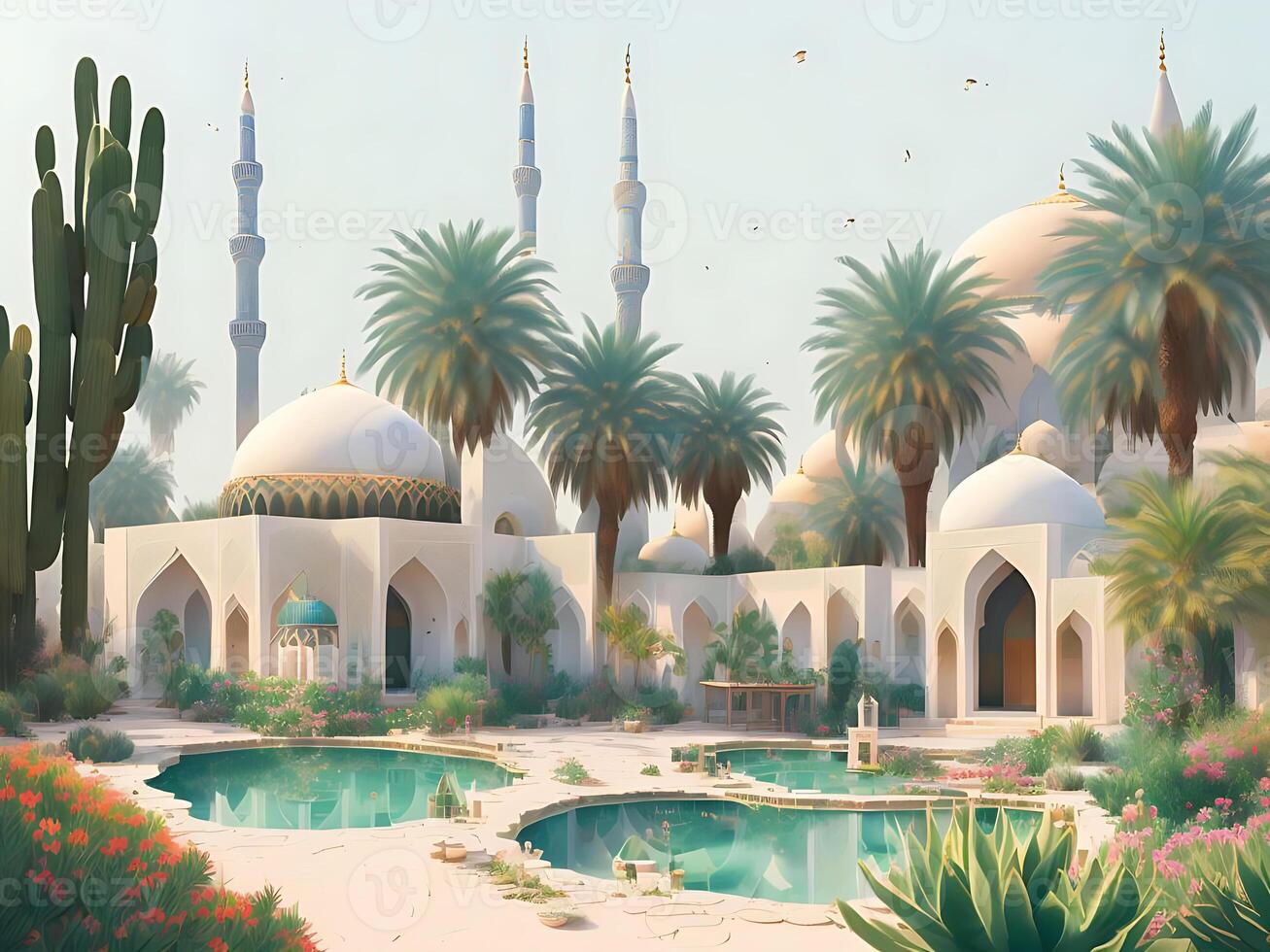 sorprendente musulmano moschea situato su un' mezzo orientale atmosfera, bellissimo islamico ornamento, con giardino stagno. generativo ai foto