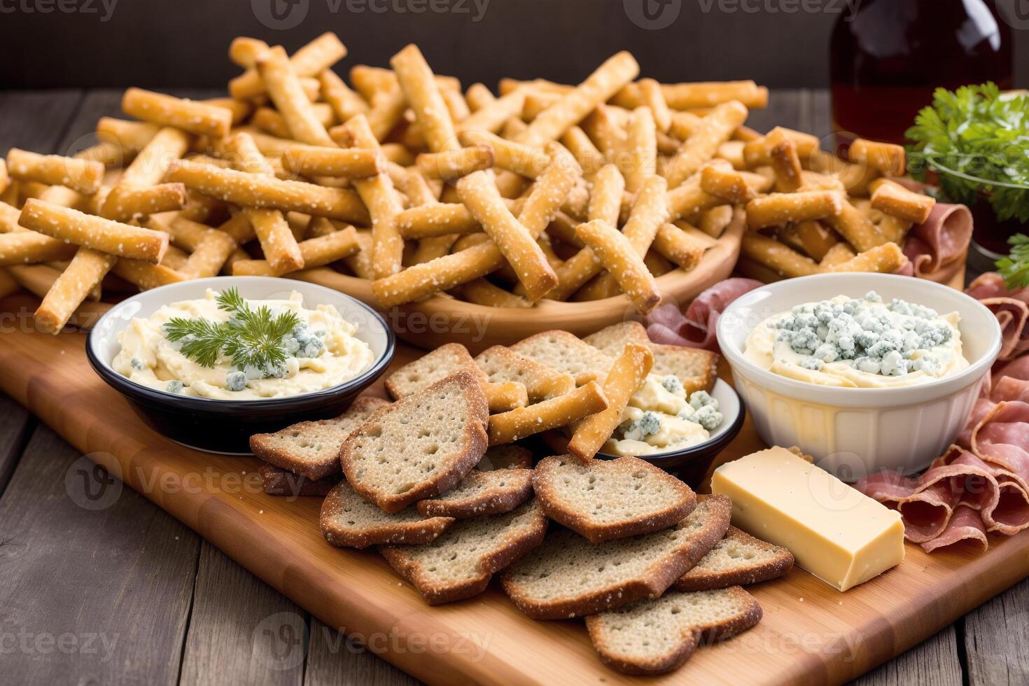 Tedesco cucina. austriaco cucina. diverso tipi di cibo nel ciotole su un' buio sfondo. salatini con gorgonzola formaggio e cracker . generativo ai foto