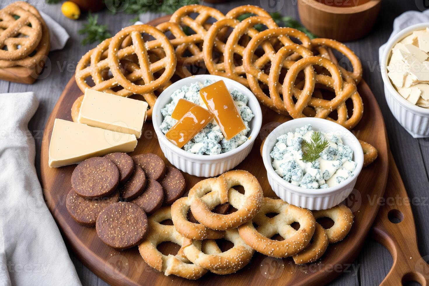 Tedesco cucina. austriaco cucina. diverso tipi di cibo nel ciotole su un' buio sfondo. salatini con gorgonzola formaggio e cracker . generativo ai foto