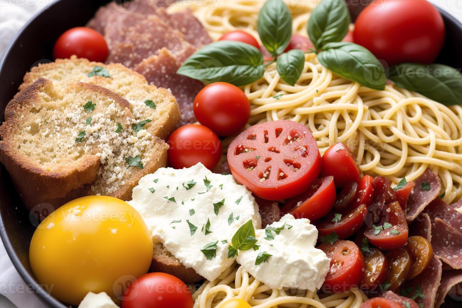 italiano cucina. assortito italiano Antipasti su un' piatto. spaghetti con Polpette, pomodoro salsa e basilico. generativo ai foto