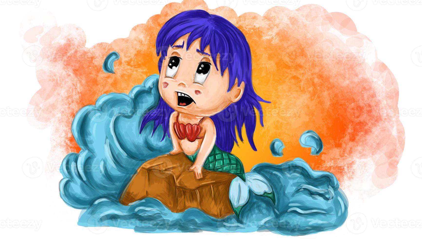 poco divertente ragazza chibi sirena seduta su un' pietra nel il mezzo di il acqua illustrazione nel il stile di scarabocchio foto