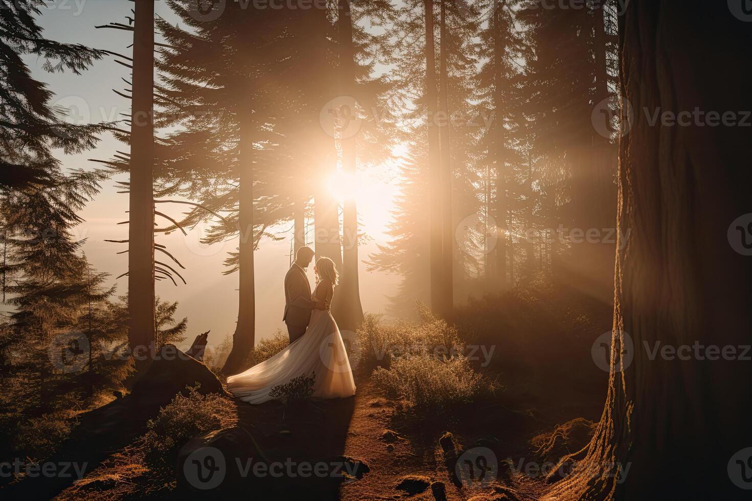 nozze silhouette coppia in posa su tramonto nel bellissimo foresta a nozze giorno. sposa e sposo nel amore. inesistente persona. generativo ai. foto