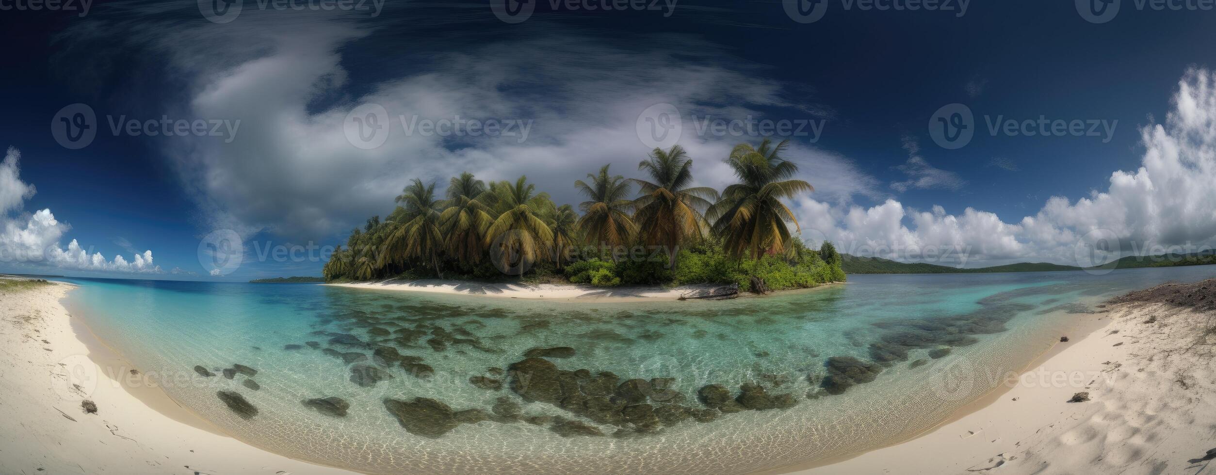 tropicale Paradiso spiaggia con bianca sabbia e cocco palme viaggio turismo largo panorama sfondo concetto. generativo ai. foto