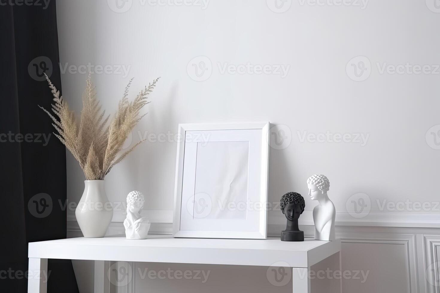 moderno casa interno con design di legno comò, finto su manifesto carta  geografica, piuma nel vaso, Accessori nel elegante casa arredamento  modello. generativo ai 22986366 Stock Photo su Vecteezy