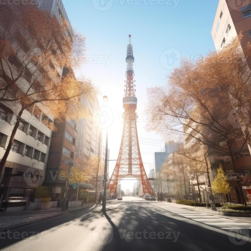 tokyo Torre nel vicino su Visualizza con chiaro blu cielo, famoso punto di riferimento di tokyo, Giappone. generativo ai. foto