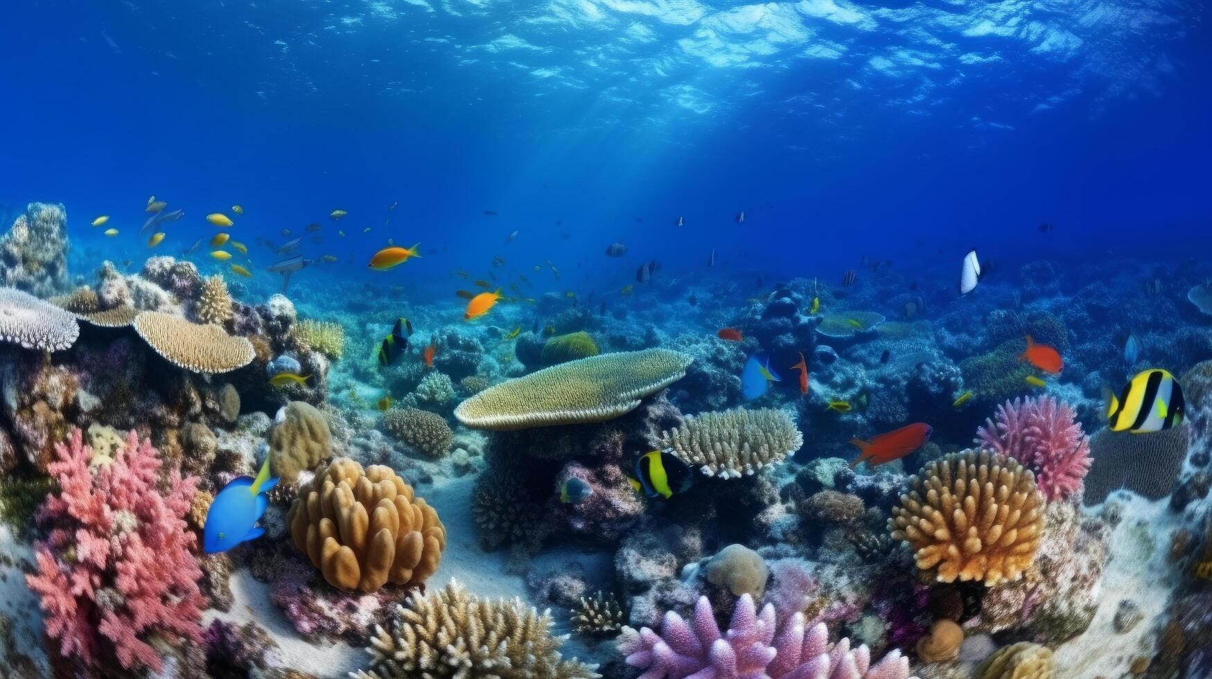 subacqueo corallo scogliera paesaggio super largo bandiera sfondo nel in profondità blu oceano. illustrazione ai generativo foto