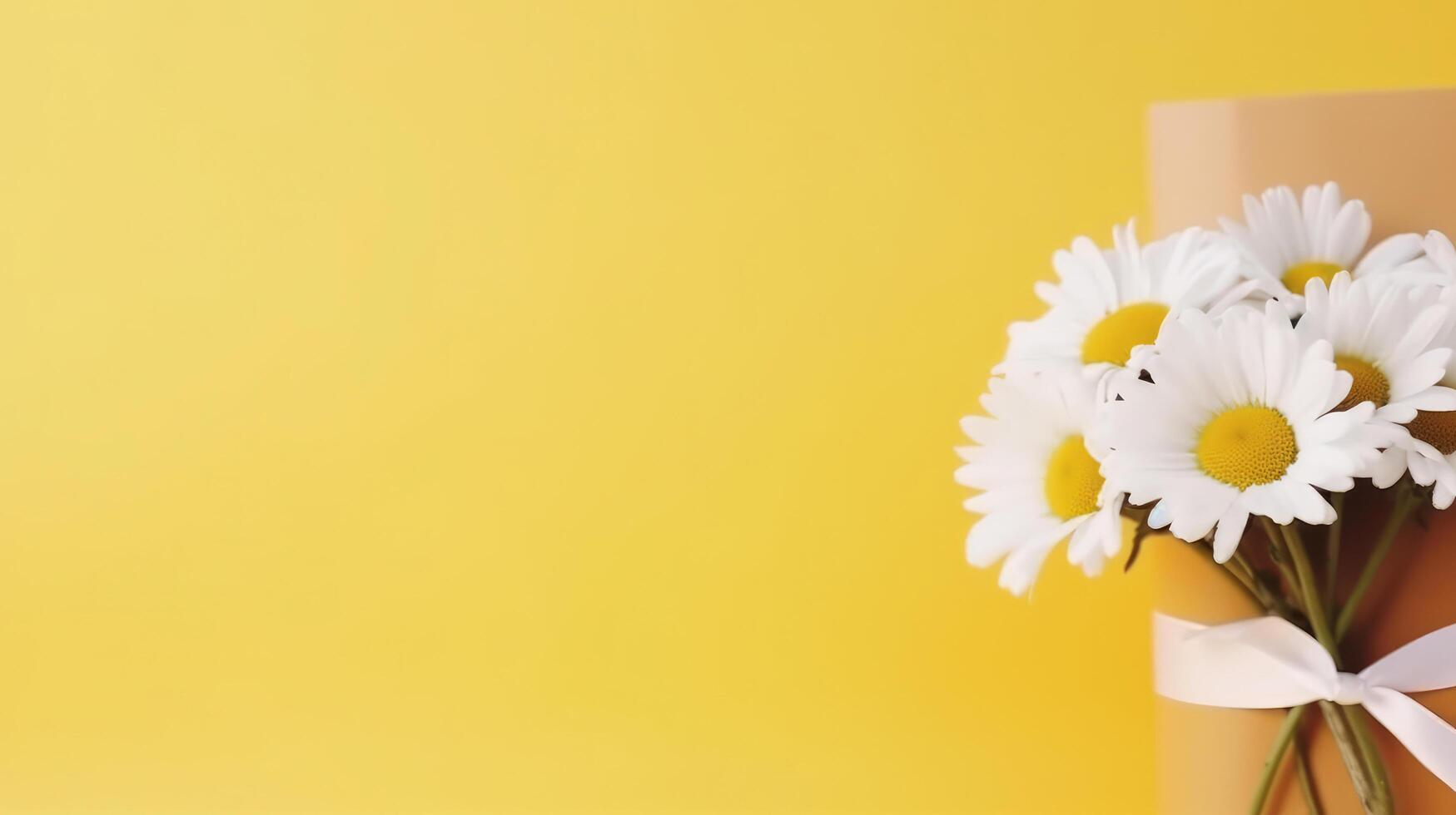 giallo sfondo con margherita fiori e regalo scatola. illustrazione ai generativo foto