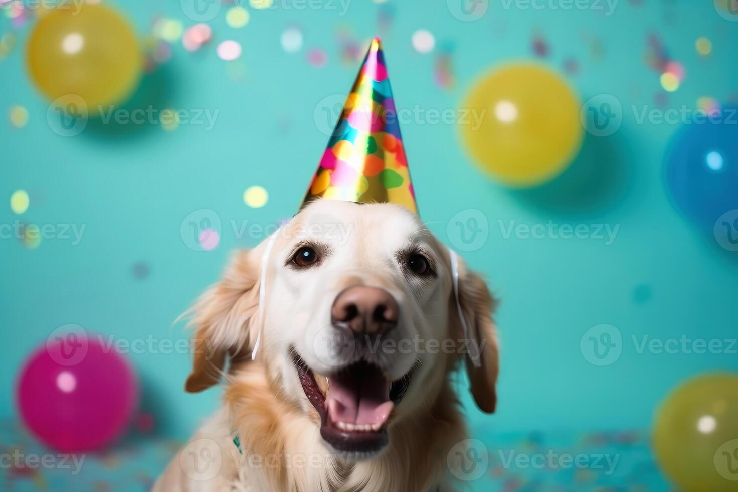 un' carino cane con un' festa cappello e festa luccichio creato con generativo ai tecnologia. foto