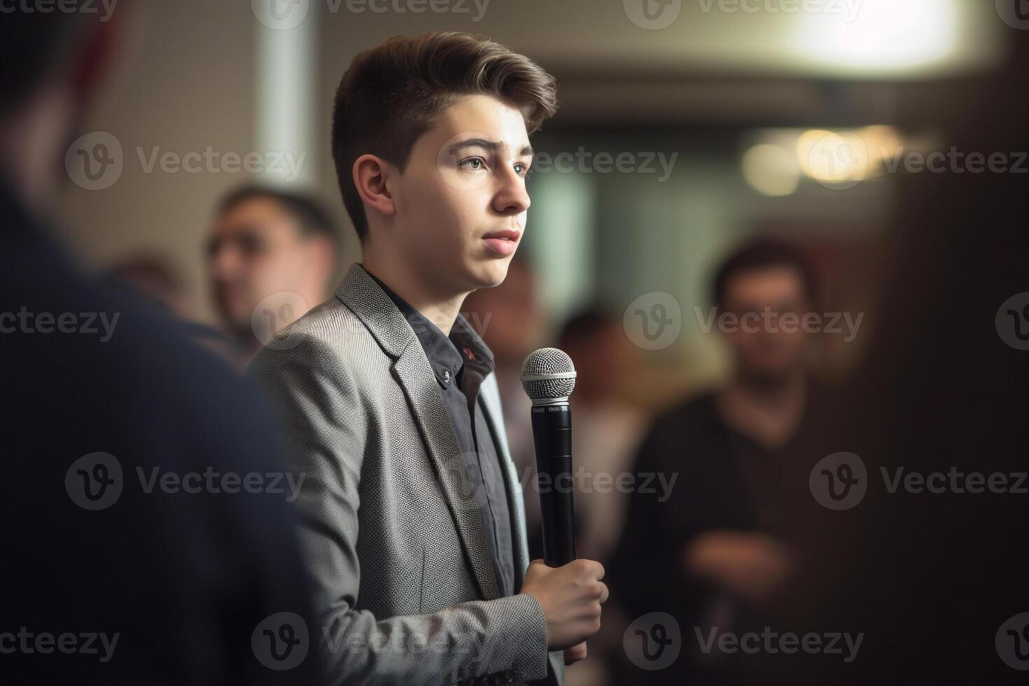 un' uomo Tenere mic pubblico A proposito di nel davanti di il pubblico. foto realismo creato con ai utensili