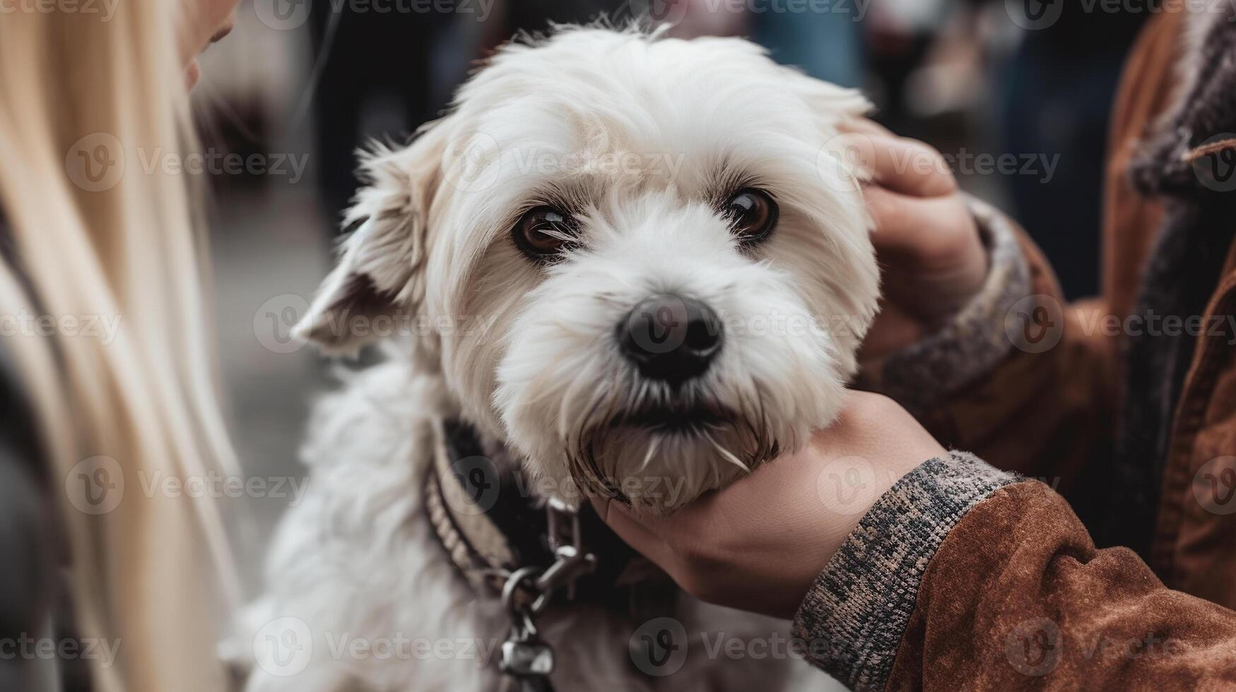 ai generato cane adozione concetto donna petting carino piccolo bianca cane animale domestico amore e cura generativo ai foto