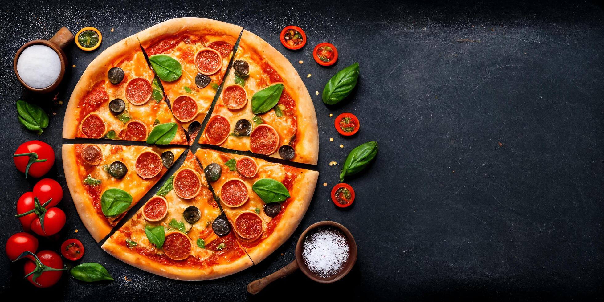 il superiore Visualizza Pizza su il nero tavolo con ingredienti e ai generato. foto