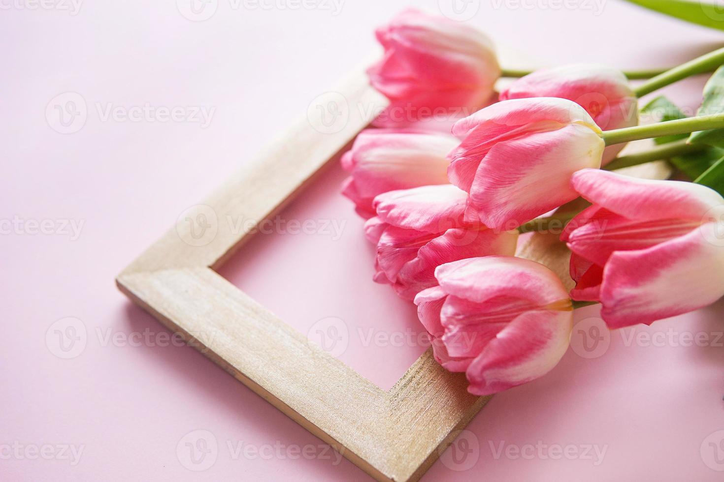 rosa tulipano fiori siamo disposte su un' rosa sfondo. il Visualizza a partire dal il superiore, piatto posizione. vuoto spazio per il testo. primavera concetto. Da donna giorno. La madre di giorno. foto