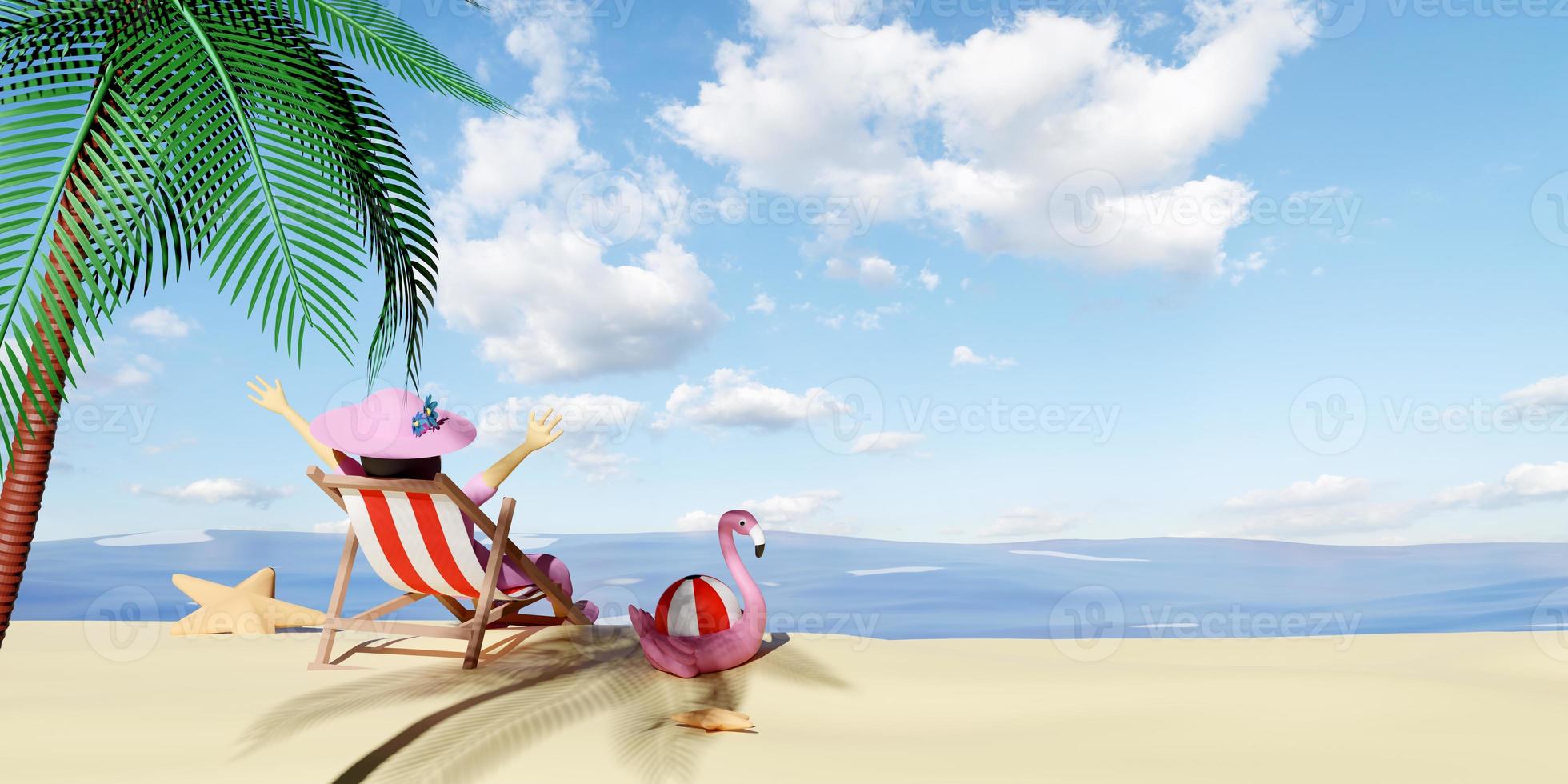 personaggio cartone animato donna su estate spiaggia e cielo con spiaggia sedia, palla ,gonfiabile fenicottero, cappello, stella marina, palma albero, nuvola, paesaggio sfondo o viaggio concetto ,3d illustrazione o 3d rendere foto