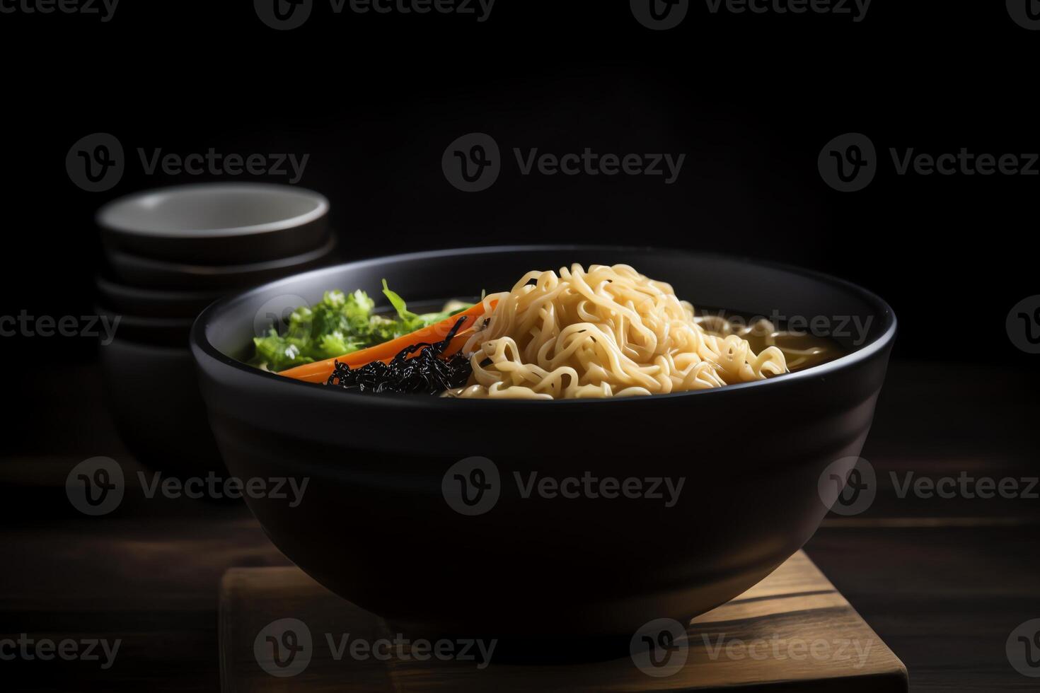 giapponese ramen spaghetto la minestra nel nero ciotola. ai generato foto