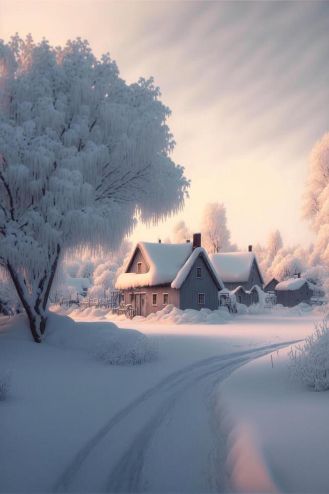 Casa seduta nel il mezzo di un' neve coperto campo. generativo ai. foto