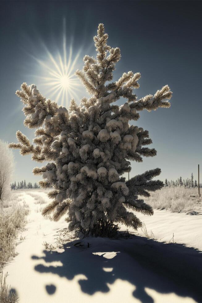 neve coperto albero nel il mezzo di un' nevoso campo. generativo ai. foto