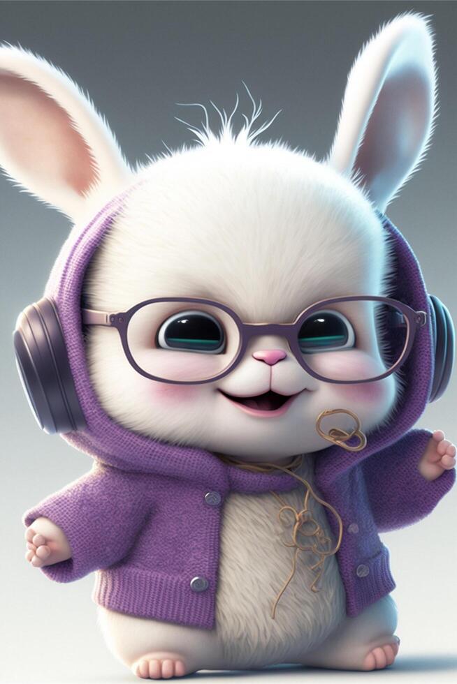 cartone animato coniglietto indossare cuffie e ascoltando per musica. generativo ai. foto