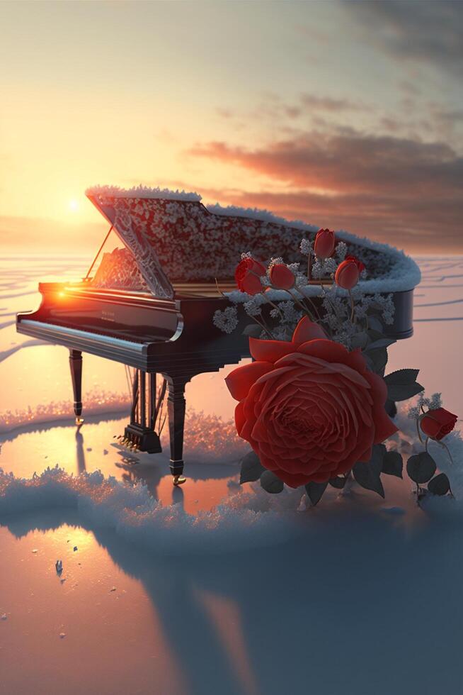 pianoforte seduta su superiore di un' neve coperto spiaggia. generativo ai. foto