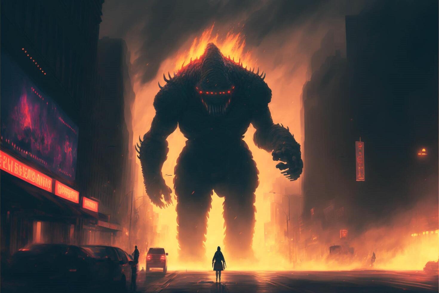 persona in piedi nel davanti di un' gigante mostro su un' città strada. generativo ai. foto