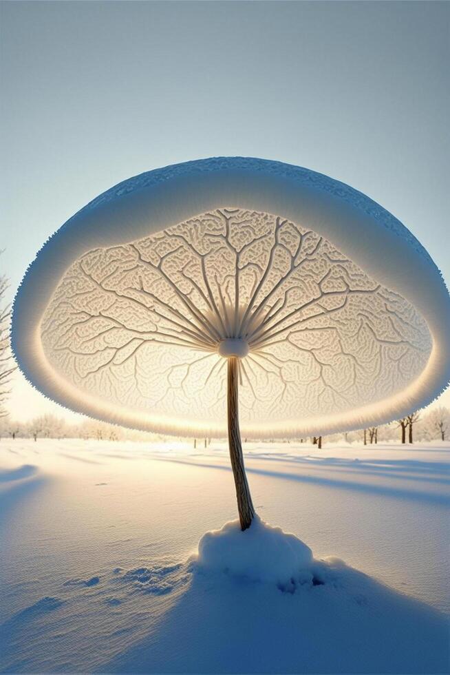 bianca ombrello seduta su superiore di un' neve coperto campo. generativo ai. foto